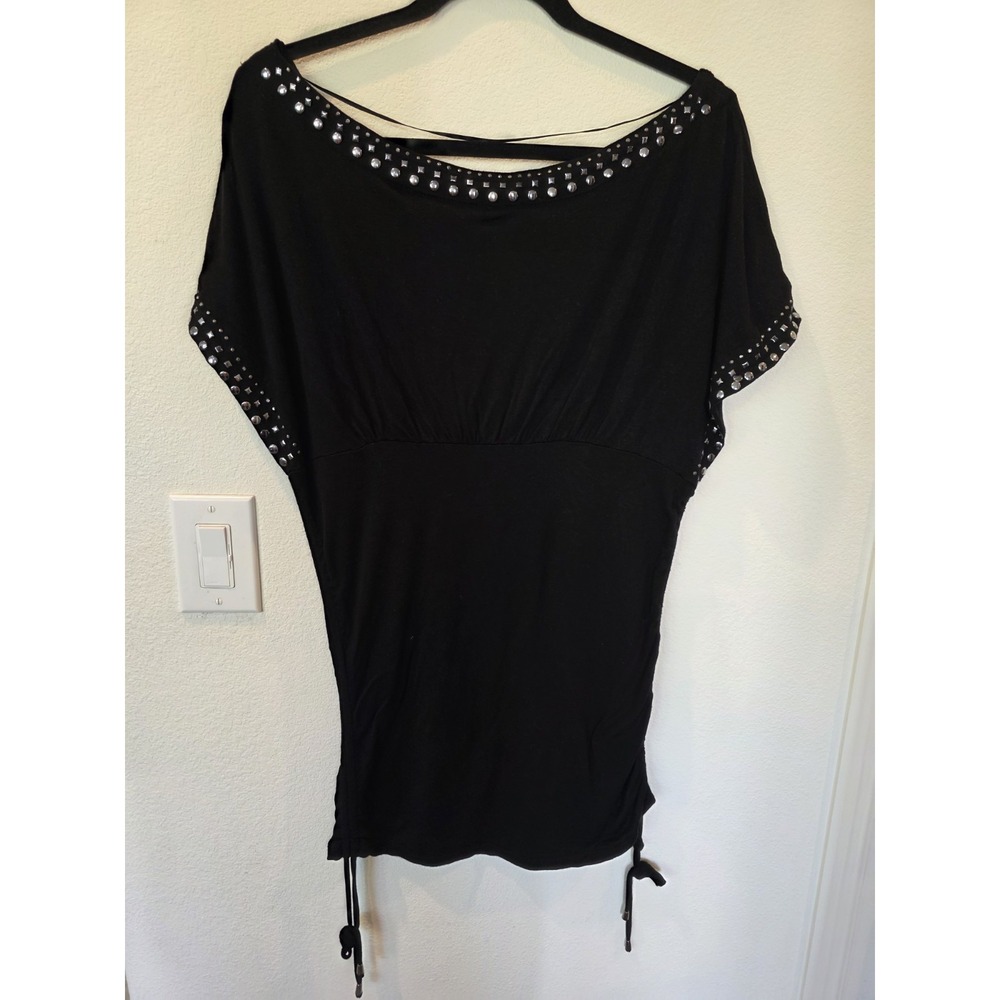 VTG Y2k Vertigo Paris Black Mini Dress Tunic Sz L Silver Studs‎ Side Cinch Party - Picture 5 of 6